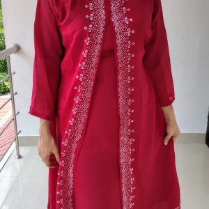Red Vichitra Silk A-Line Model Kurta; Size: L