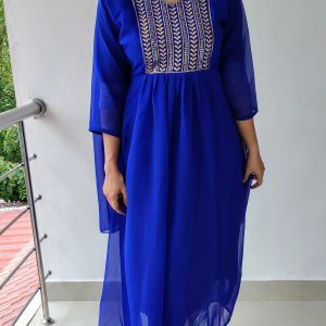 Blue Flared and Pleated Anarkali Kurta With Dupatta; Size: L